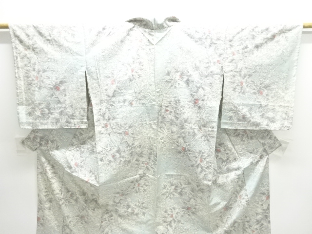 アンティーク 草花模様織出し十日町紬単衣着物